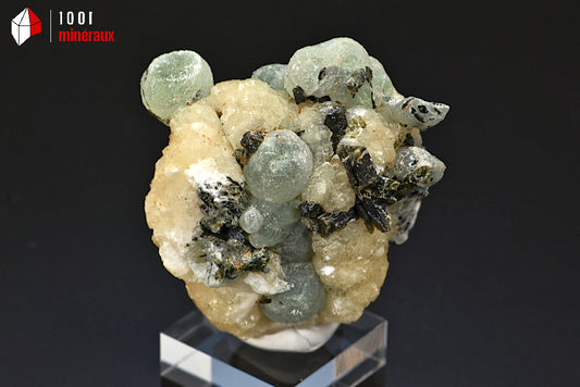 Minéral cristallisé de prehnite verte ronde sur stilbite avec épidote du Mali