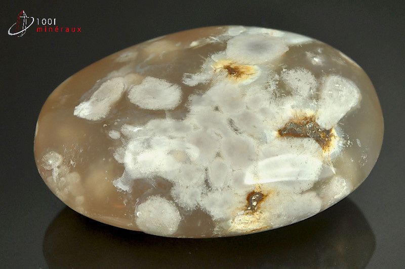 Agate fleurs Madagascar - Galet poli translucide, inclusions blanc crème pétaloïdes - 168 g - BA658
